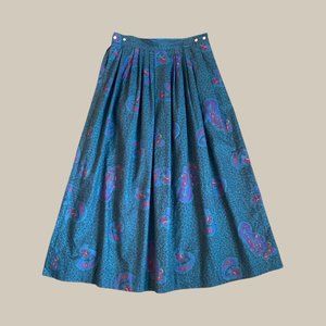 Vintage Orvis Green Pleated Paisley A-Line Maxi Skirt Made in USA